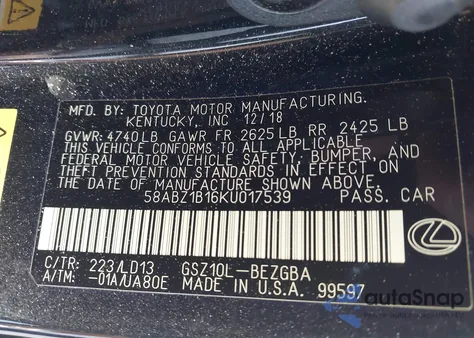 2019 Lexus Es 350 from USA, damaged, VIN 58ABZ1B16KU017539